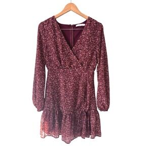 Lush Floral Long Sleeve Mini Dress V-Neck Ruffle Hem LD44098-006-DG Small